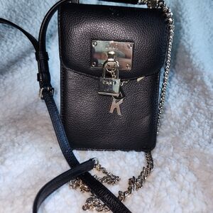 DKNY Black Leather Crossbody with Gold Lock and Chain